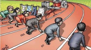 Cartoon of men and women in professional clothing on running track. Track for men is clear while that of women has household items lined up as hurdles